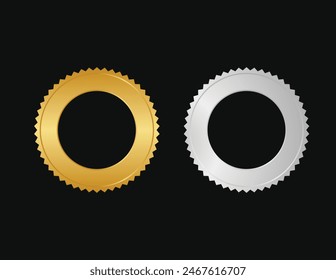 3d plateado y oro sello o insignias marco exterior con fondo negro diseño de Vector