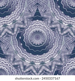 3d silver grey textured embroidery style zigzag mandalas seamless pattern. Vector surface mandalas pattern with zig zag lines, hatches. Modern patterned design. Trendy background. Grunge texture.