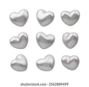 3D silver heart rotation. Metallic vector Valentines day symbol in different view. Realistic romantic icons indifferent angles. Glossy metal hearts on white. Love sign for card, design, flyer, poster