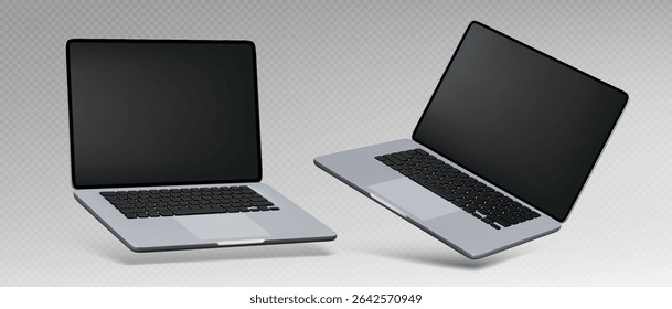 3d silver laptop mockup computers floating at angles with blank black screens and keyboards on transparent background. Realistic pc presentation design templates for business technology display.
