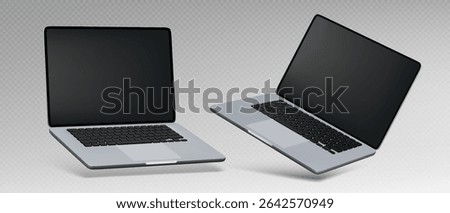 3d silver laptop mockup computers floating at angles with blank black screens and keyboards on transparent background. Realistic pc presentation design templates for business technology display.