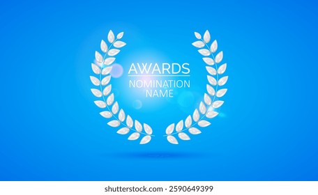 3D silver laurel wreath on a blue background. Elegant and prestigious look. Vector symbol of victory, achievement, success, award, winner. 