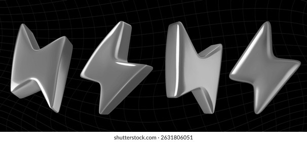 3d silver lightning bolts vector illustrations set. Chrome metal energy icons on black background. 