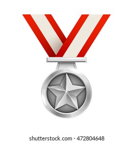 3d silver medal with striped ribbon. 2nd place award sign. Eps10 vector medal illustration.