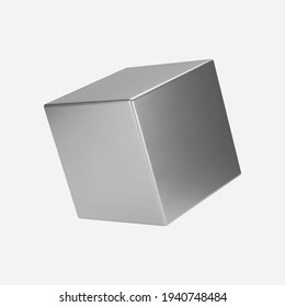 3d Silver Metal Cube Isolated On Light Background. Render A Rotating Chrome Steel Box In Perspective With Lighting And Shadow. Realistic Vector Geometric Shape