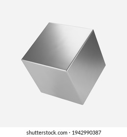 3d Silver Metal Cube Isolated On Light Background. Render A Rotating Chrome Steel Box In Perspective With Lighting And Shadow. Realistic Vector Geometric Shape