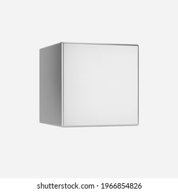 3d Silver Metal Cube Isolated On Light Background. Render A Rotating Chrome Steel Box In Perspective With Lighting And Shadow. Realistic Vector Geometric Shape