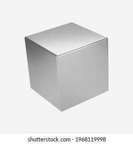 3d Silver Metal Cube Isolated On Light Background. Render A Rotating Chrome Steel Box In Perspective With Lighting And Shadow. Realistic Vector Geometric Shape