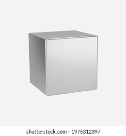 3d Silver Metal Cube Isolated On Light Background. Render A Rotating Chrome Steel Box In Perspective With Lighting And Shadow. Realistic Vector Geometric Shape