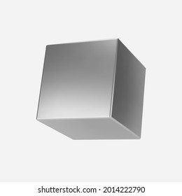 3d Silver Metal Cube Isolated On Light Background. Render A Rotating Chrome Steel Box In Perspective With Lighting And Shadow. Realistic Vector Geometric Shape