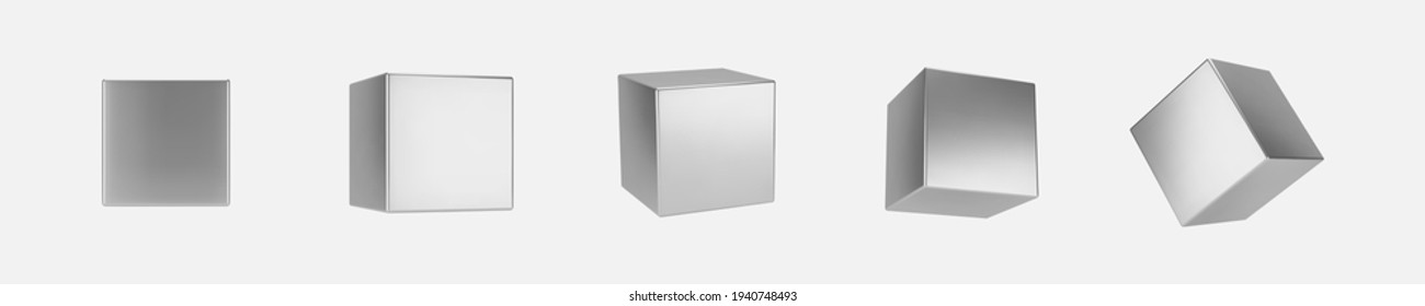 3d silver metal cubes set isolated on light background. Render a rotating chrome steel box with different angles in perspective with lighting and shadow. Realistic vector geometric shapes