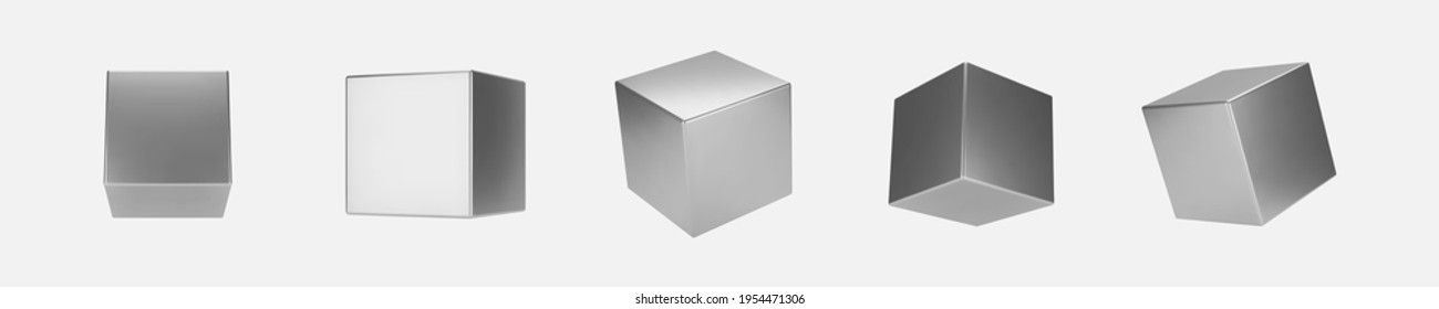 3d silver metal cubes set isolated on light background. Render a rotating chrome steel box with different angles in perspective with lighting and shadow. Realistic vector geometric shapes