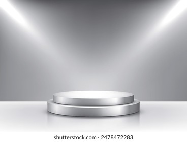 3D Silver Metal Podium with Spotlight Illuminates on Dark Gray Background, Industrial Concept for Product Display and Mockup