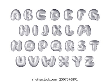 3d silver metallic alphabet balloon set isolated on white. Render white font characters. Decorative shiny symbols for banner, cover, holidays, anniversary party or birthday. Vector Illustration