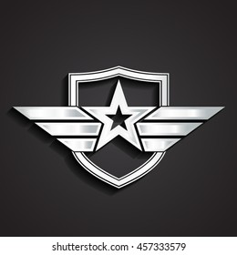 3d silver military star symbol with shield / vector illustration