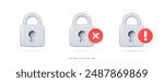 3D Silver padlock with red cross and exclamation mark. Login error. Incorrect password. Access denied. Personal data protection. Cartoon design icon set. 3D Vector illustration