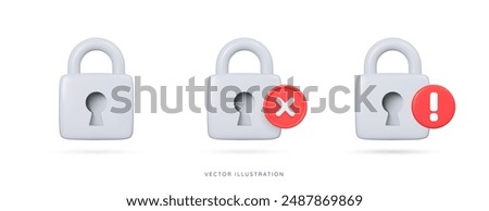 3D Silver padlock with red cross and exclamation mark. Login error. Incorrect password. Access denied. Personal data protection. Cartoon design icon set. 3D Vector illustration