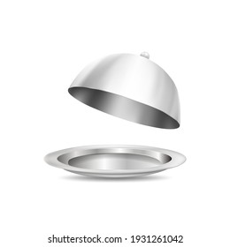 3D silver plate and food cover isolated on white background. realistic vector illustration.