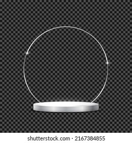 Écran en argent 3d, socle de socle vide avec illustration vectorielle d'un cadre de produit rond. Moquette abstraite de piédestal chrome, présentation en studio de luxe sur fond transparent.