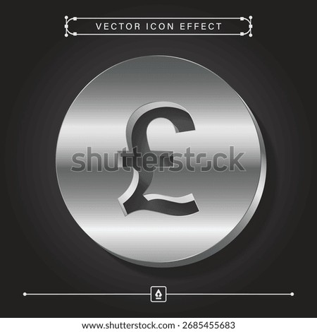 3D silver pound coin icon with metallic vector steel effect, ideal for global currency exchange, finance, and business designs featuring the pound symbol and modern economic concepts.