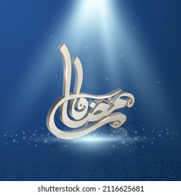3D Silver Ramadan Kareem Calligraphy In Arabic Language With Lighting Rays On Blue Islamic Pattern Background.
