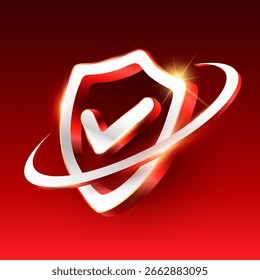 3D-Schild in Silber und Rot, Symbol mit Häkchen einzeln auf Hintergrund. Schildschutzsymbol in 3D-Vektorgrafik