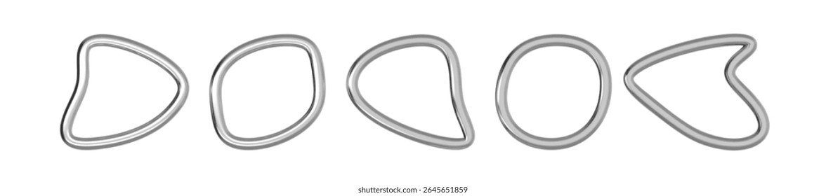 3d silver ring with chrome metal circle and holographic liquid line effect. Abstract blue wave shape for futuristic logo or cyberpunk banner.
