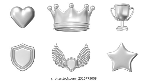 3d silver set of heart, crown, trophy cup, shield, wings, star. Stock vector illustration on isolated background.