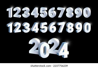 3D Silver shiny metal numbers set, white gold font signs isolated on black background. Luxury platinum fashion typography design for decoration, web, design, advert. Vector illustration