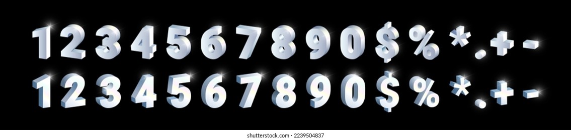 3D Silver shiny metal numbers set, white gold font symbols isolated on black background. Luxury platinum fashion typography design for decoration, web, design, advert. Vector illustration