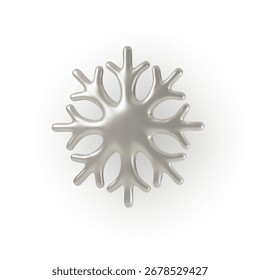 3D silver snowflake isolated on white background. Minimalist metallic winter decoration symbol for Christmas, New Year, festive design, holiday card or modern seasonal icon