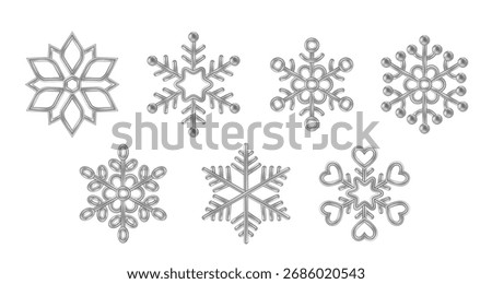 3d Silver Snowflakes Set. Ice realistic Merry Christmas decoration isolated on white background. Xmas Icons Vector illustration. Snow flake frozen shape bauble, Happy New Year winter symbol