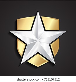 3d Silver Star With Golden Shield Symbol