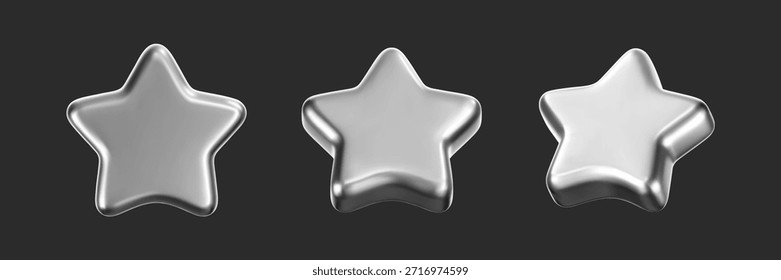 Icono de estrellas de plata 3D con efecto cromado aislado sobre fondo oscuro. Estrella de platino brillante para las Navidades y la decoración del año Nuevo. Insignia para calificación, trofeo de premio, logro, premio del ganador. Vector 3D