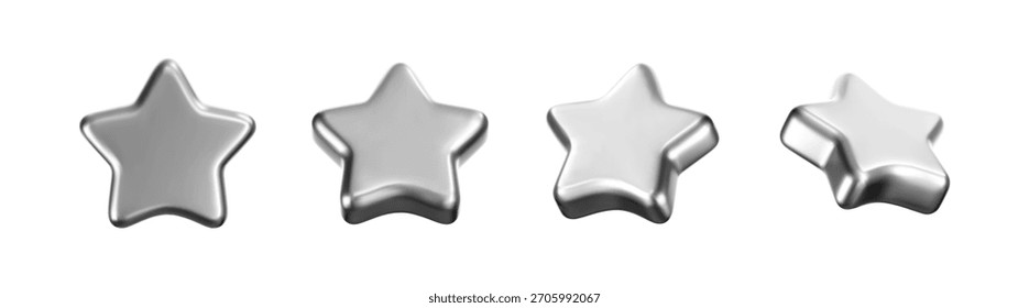 Estrellas de plata 3D con efecto de cromo aislado sobre fondo blanco. Estrella de platino brillante para las Navidades y la decoración del año Nuevo. Insignia para calificación, trofeo de premio, logro, premio del ganador. Vector 3D