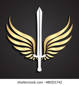 3d Silver Sword With Gold Wings Symbol