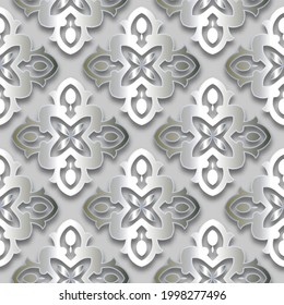 3d silver vintage seamless pattern. Vector floral background. Luxury repeat ornate backdrop. Baroque Damask style ornaments. Decorative surface modern design with flowers, shadows. Endless texture.