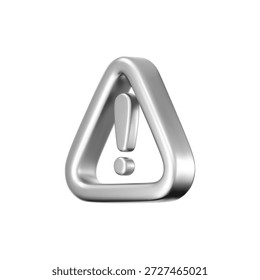 3D silver warning icon with chrome exclamation mark. Symbol of hacker attack, AI security, data protection, spam, privacy, cybersecurity and digital risk alert for UI design. 3D vector tech icon