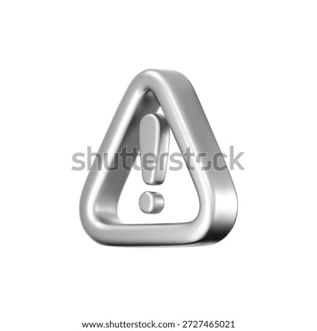3D silver warning icon with chrome exclamation mark. Symbol of hacker attack, AI security, data protection, spam, privacy, cybersecurity and digital risk alert for UI design. 3D vector tech icon