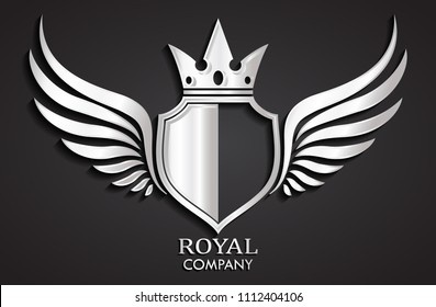 3d silver winged heraldry shield with crown logo