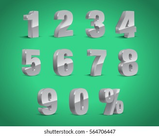 3D Silver-Grey Metallic Letter. 0, 1, 2, 3, 4, 5, 6, 7, 8, 9 numeral alphabet. Vector Isolated Number.