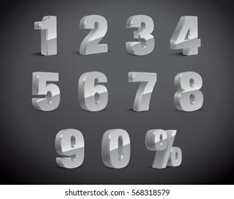 3D Silver-Grey Metallic Letter. 0, 1, 2, 3, 4, 5, 6, 7, 8, 9 numeral alphabet. Vector Isolated Number.