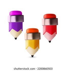 3D simple pencilы with eraser. Notification and learning symbol