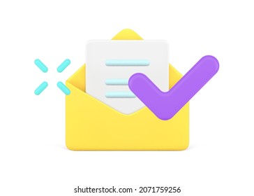 3d simple icon message received open envelope with blank letter and checkmark vector illustration. Emblem sending and delivery chat texting with notification of incoming email messages isolated