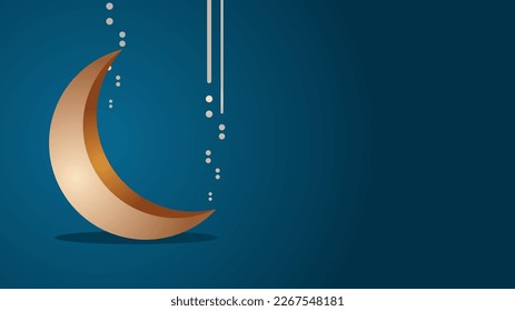 3d simple islamic holiday banner background vector illustration in trendy style. Crescent moon and rain drop on serene evening blue background. Suitable for Ramadan, Eid al Fitr, Eid al Adha, Mawlid.