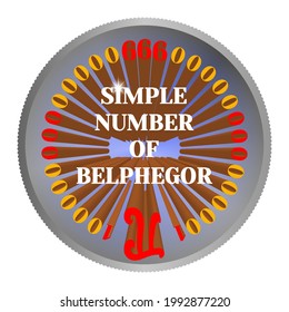 3d. Simple number of Belphegor. Round badge or sticker. The inverted Greek letter Pi, 26 zeros, 666 and two ones. T-shirt design