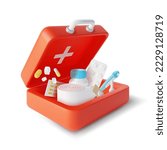 3d Simple Open Red First Aid Kit Plasticine Cartoon Style. Vector illustration of Doctor Suitcase with Medical Supplies