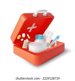 3d Simple Open Red First Aid Kit Plasticine Cartoon Style. Vector illustration of Doctor Suitcase with Medical Supplies