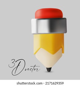3D simple pencil with eraser. Notification and learning symbol.