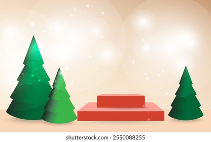 3D pódios simples, exibição de Natal. Fundo do pastel. Árvore de Natal com luzes